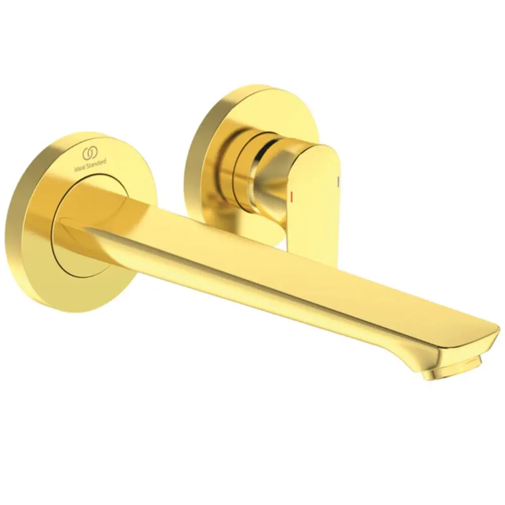 Wandarmatur in Goldoptik von Ideal Standard mit einem geraden, flachen Auslauf und zwei runden Bedienelementen zur Temperatur- und Wassermengenregulierung.